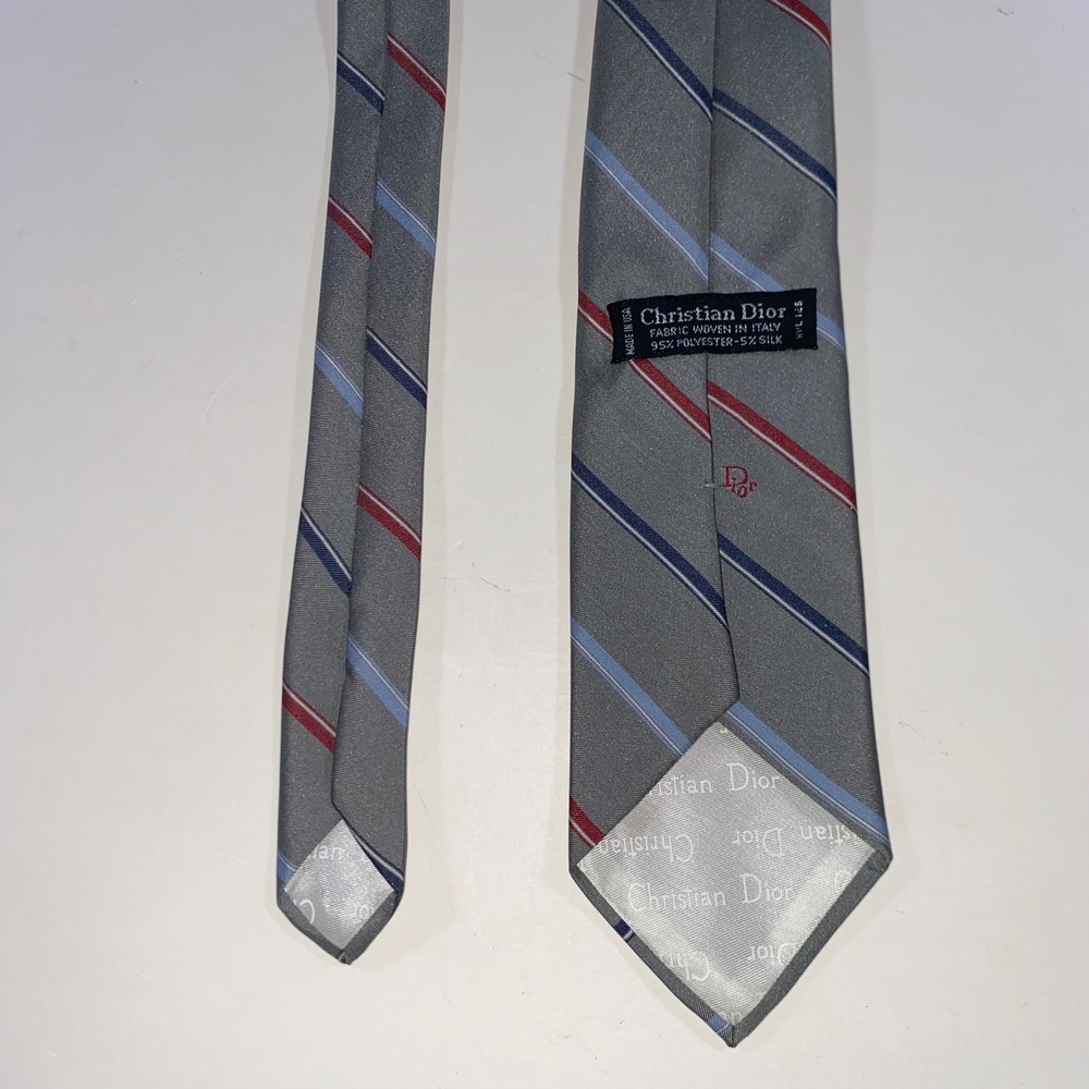 Christian‎ Dior Monsieur Mens Striped Tie Grey Blue Red Silk Blend Made in USA - Picture 2 of 5
